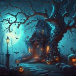 halloween background with pumpkins, lanterns and lantern