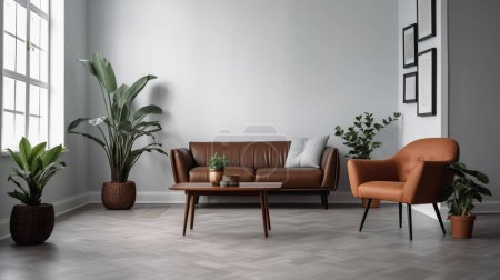 Téléchargez les photos : Intérieur élégant du salon moderne avec canapé confortable, plantes et plantes - en image libre de droit