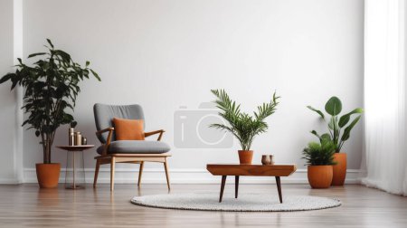 Modern interior with comfortable armchair and green plants