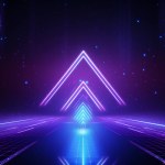 Abstract purple and blue arrow glowing with lighting technology hi-tech concept