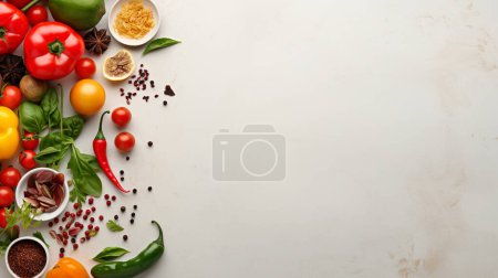 Vegetables on the gray table. Top view with copy space. Flat lay