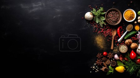 Foto de Verduras en la mesa negra. Vista superior con espacio de copia. Puesta plana - Imagen libre de derechos