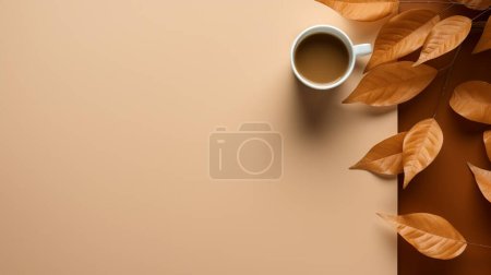 Photo for Brown office desk with leaves. Top view with copy space. Flat lay - Royalty Free Image