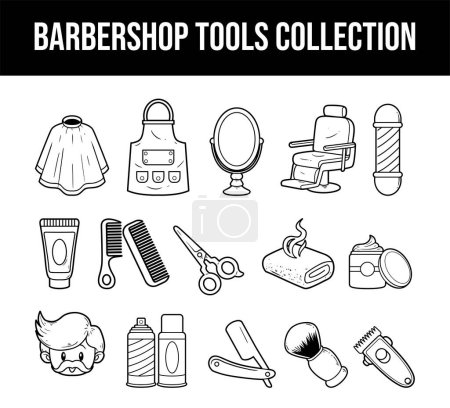 Téléchargez les illustrations : Barbershop outils élément vecteur contour croquis illustration ensemble - en licence libre de droit