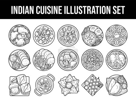 Indian cuisine vector outline illustration set