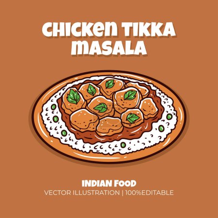 Chicken tikka masala Indian food vector illustration