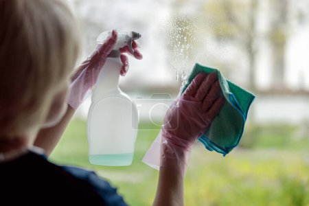 Photo for Chambermaid in gloves and uniform cleaning window with rag and cleanser spray . High quality photo - Royalty Free Image