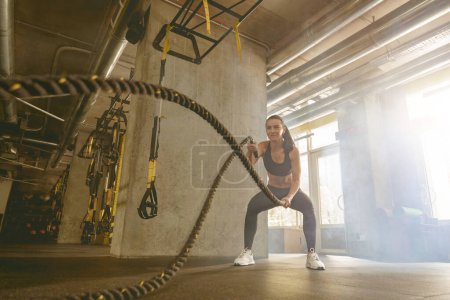 Photo for Fitness woman trains triceps with two cables by her hands in fitness center. High quality photo - Royalty Free Image