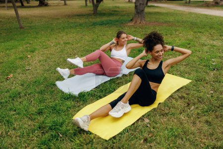 Photo for Young sports women pump the press on yoga mat in natural parkland. Active lifestyle concept - Royalty Free Image