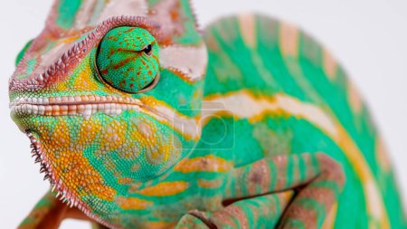 Foto de Primer plano de un camaleón sobre un fondo blanco - Imagen libre de derechos