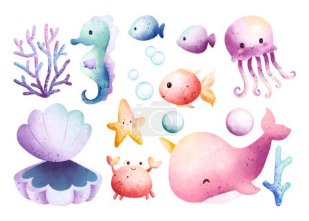 Téléchargez les illustrations : Aquarelle ensemble de dessins animés animaux de mer, méduses et corail. animal mignon, créatures marines, pieuvre, baleine - en licence libre de droit