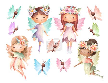 Ilustración de Conjunto de niñas lindas con flores, flores y mariposas. ilustración vectorial acuarela. ilustración de hadas - Imagen libre de derechos
