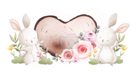 Ilustración de Lindo conejo con flores y orejas de conejo sobre fondo blanco - Imagen libre de derechos