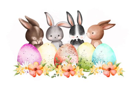 Ilustración de Conejito de Pascua y huevos sobre un fondo blanco - Imagen libre de derechos