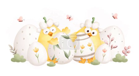 Ilustración de Conejito de Pascua y huevos sobre fondo blanco - Imagen libre de derechos