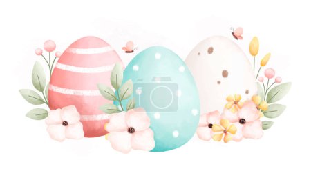 Ilustración de Huevos de Pascua y flores sobre fondo blanco - Imagen libre de derechos