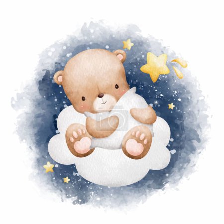Ilustración de Acuarela Ilustración Bebé osito de peluche sentado en la nube - Imagen libre de derechos