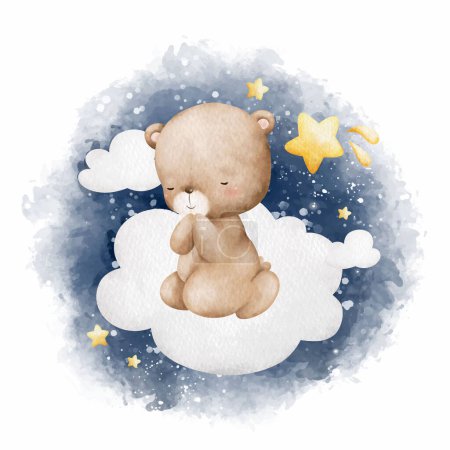 Ilustración de Acuarela Ilustración Bebé osito de peluche sentado y rezando en la nube - Imagen libre de derechos