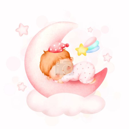 Ilustración de Lindo bebé durmiendo en la luna - Imagen libre de derechos