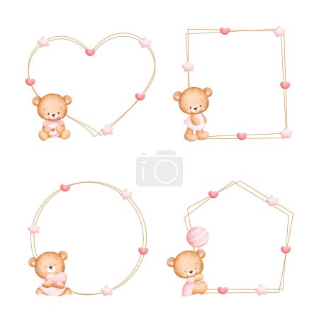 Illustration for Set of baby bear frame template watercolor illustration - Royalty Free Image