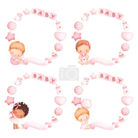 Illustration for Set of baby girl frame template watercolor illustration - Royalty Free Image