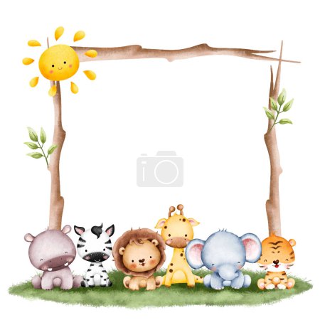 Illustration for Watercolor Illustration Baby Safari Animal Frame template - Royalty Free Image