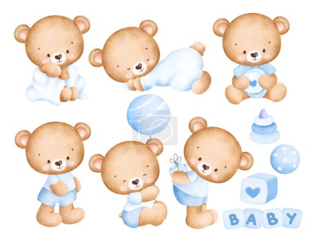 Illustration for Set of cute watercolor bears with a teddy bear on a white background - Royalty Free Image