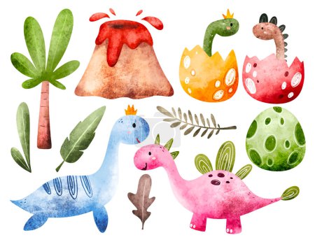 Illustration for Watercolor illustration of cute dinosaurs with hand drawn elements. - Royalty Free Image