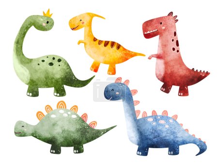 Ilustración de Conjunto de dinosaurios acuarela, dinosaurio, dino, prehistórico, ilustración de dibujos animados aislados sobre fondo blanco - Imagen libre de derechos