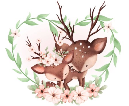 Illustration for Watercolor illustration of cute deers with flowers and leaves - Royalty Free Image