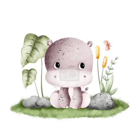 Téléchargez les illustrations : Aquarelle Illustration bébé hippopotame mignon assis sur l'herbe avec des feuilles - en licence libre de droit