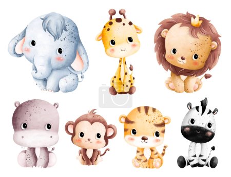 Téléchargez les illustrations : Ensemble d'illustration aquarelle de bébés animaux mignons - en licence libre de droit