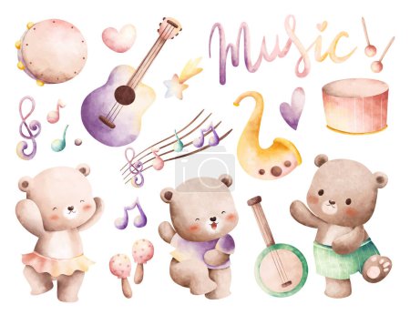 Ilustración de Acuarela ilustración de oso de peluche y elementos musicales - Imagen libre de derechos