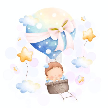Téléchargez les illustrations : Illustration aquarelle mignon bébé garçon en montgolfière - en licence libre de droit