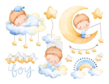 Téléchargez les illustrations : Illustration aquarelle de bébé garçon mignon - en licence libre de droit