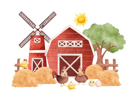 Illustration for Farm, house, windmill, barn, farming, agriculture, animals, garden, rural, landscape, - Royalty Free Image