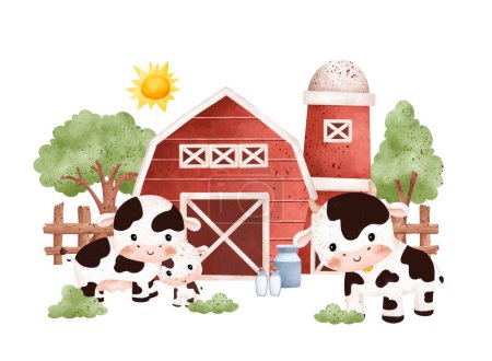 Illustration for Watercolor Illustration set of cute farm animals and farm house - Royalty Free Image