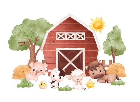 Téléchargez les illustrations : Farm animals and chickens illustration - en licence libre de droit