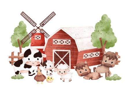 Illustration for Farm animals and house illustration - Royalty Free Image