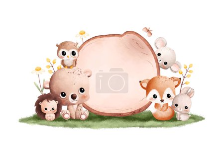 Illustration for Watercolor Illustration cute baby animals and wooden board - Royalty Free Image