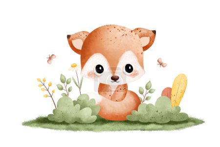 Ilustración de Lindo pequeño zorro bebé con flores - Imagen libre de derechos