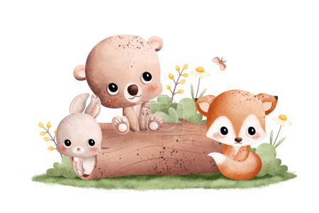 Ilustración de Acuarela Ilustración lindo bebé animales sentarse en madera con mariposas y flores - Imagen libre de derechos