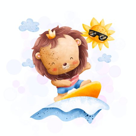 Illustration for Watercolor illustration cute lion surf at the sea in summer holiday - Royalty Free Image