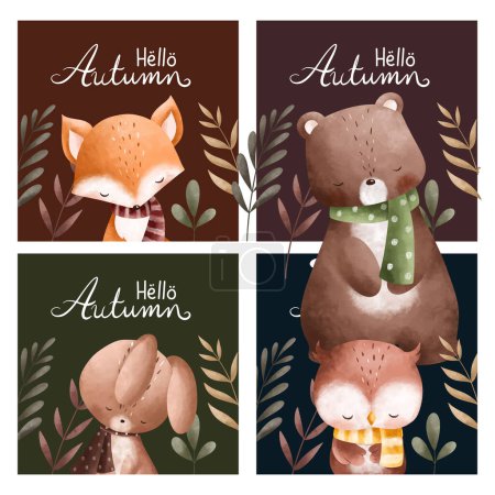 Ilustración de Acuarela Ilustración conjunto de tarjeta de felicitación de otoño con animales lindos y hojas de otoño - Imagen libre de derechos