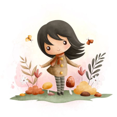 Ilustración de Acuarela Ilustración linda niña en el jardín con flores mariposas en temporada de otoño - Imagen libre de derechos