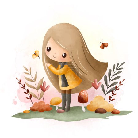 Ilustración de Acuarela Ilustración linda niña en el jardín con flores mariposas en temporada de otoño - Imagen libre de derechos