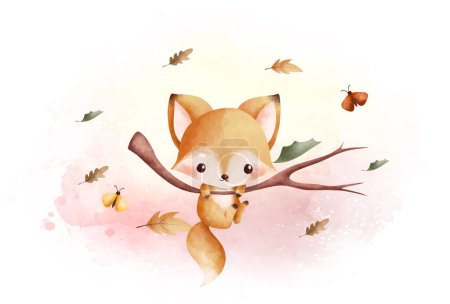 cute foxl with autumn leaves, watercolor illustration