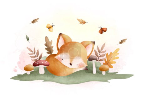Ilustración de Lindo zorro y ardilla en el bosque de otoño. acuarela ilustración. - Imagen libre de derechos