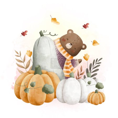 Ilustración de Acuarela Ilustración lindo oso en el jardín de calabaza con hojas de otoño - Imagen libre de derechos