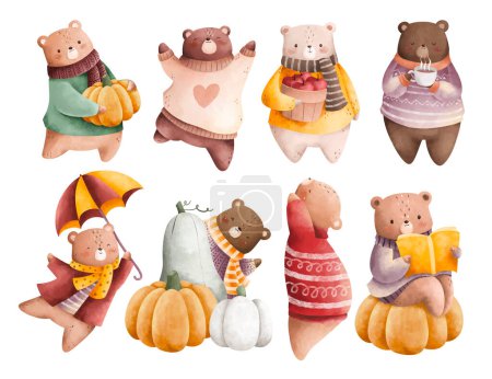 Téléchargez les illustrations : Ensemble d'illustration aquarelle de personnage d'ours mignon dans la saison chaude d'automne - en licence libre de droit